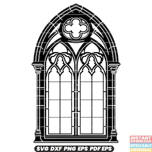 May include: Black and white silhouette of a gothic arch window with intricate details. The window is divided into multiple panes with a decorative design.