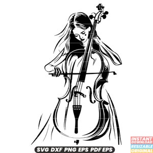 May include: Black and white illustration of a person playing a cello. The person is depicted in a flowing dress and the cello is detailed with strings and a sound hole.