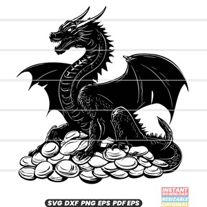 Drago con tesoro SVG DXF PNG File di taglio Clipart Download immediato File digitale