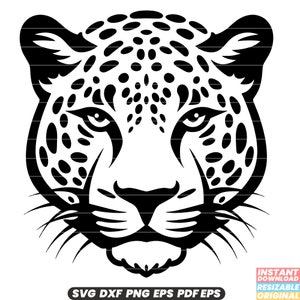 May include: Black and white silhouette of a leopard's face. The leopard has a spotted pattern and a serious expression.