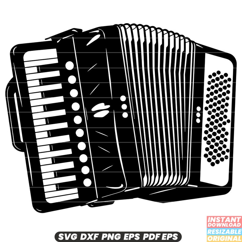 Puede incluir: Ilustraci&oacute;n en blanco y negro de un acorde&oacute;n, un instrumento musical con fuelle y teclas. El acorde&oacute;n est&aacute; inclinado y el fuelle est&aacute; extendido.