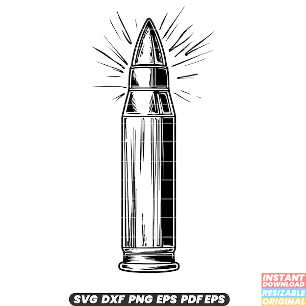 Bullet Ammunition Projectile Gun Weapon Firearms Rifle Pistol Caliber Metal Brass Shell Casing Firearm SVG DXF PNG Cut File