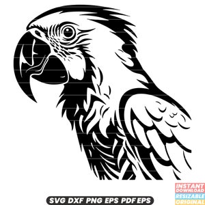 May include: A black and white illustration of a parrot's head and upper body, facing left. The parrot has a large, curved beak and detailed feather patterns. The image includes the text "SVG DXF PNG EPS PDF EPS".