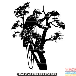 May include: A black and white silhouette of a tree climber ascending a tree. The climber is wearing a helmet, harness, and gloves. The tree has branches and leaves.