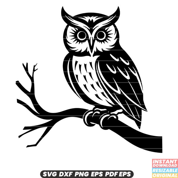 Owl on Branch Bird Wildlife Nature Nocturnal Animal Perched Tree Nighttime Forest Habitat Conservation SVG DXF PNG Cut File