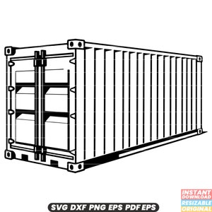 May include: Black and white line art illustration of a shipping container. The container has a door on the side with a series of shelves inside.