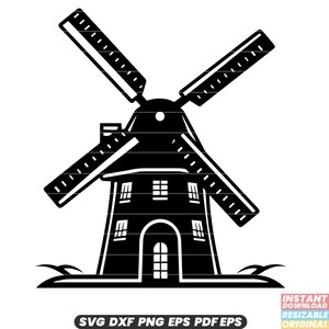 Molino de viento holandés SVG Países Bajos Holanda Paisaje Arquitectura Tradicional Vintage Rural DXF PNG Archivo de corte #2