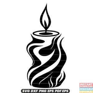 Pode incluir: Silhueta preta e branca de uma vela com uma chama. A vela é decorada com um padrão ondulado.