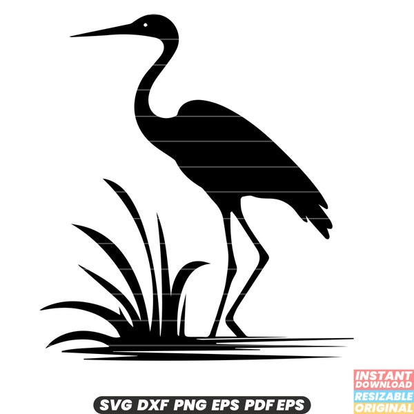 Heron Bird Waterfowl Wetland Habitat Long Neck Graceful Wingspan Wildlife Nature SVG DXF PNG Cut File Digital Instant Download