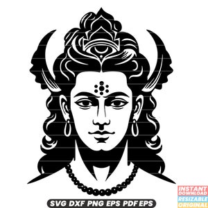 May include: Black and white illustration of a Hindu deity with a third eye, a crescent moon, and a beaded necklace.