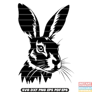 May include: Black and white silhouette of a rabbit's head with large ears. The rabbit is looking to the right. The image is a digital download for crafting projects.