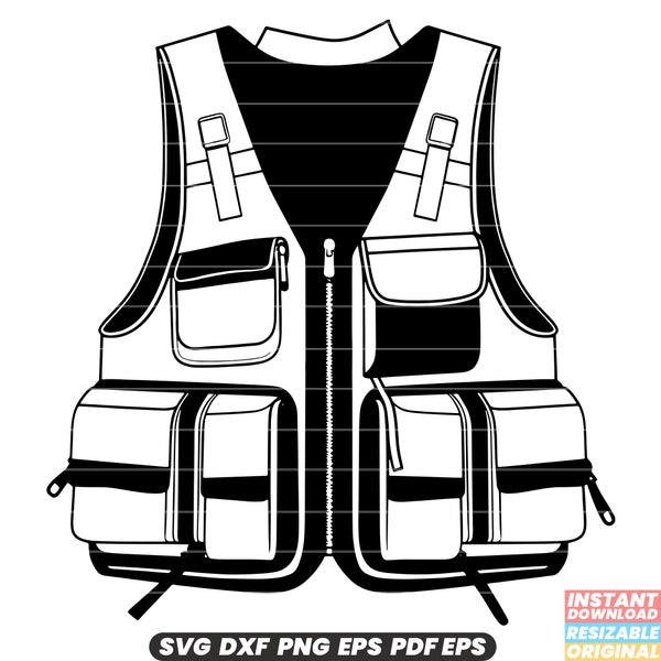 Gilet de pêche pêcheur équipement de plein air boîte à accessoires poches pêcheur veste vêtements utilitaires équipement de pêche à la mouche aventure SVG DXF PNG coupe fichier