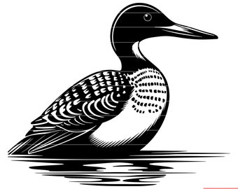May include: Black and white illustration of a loon swimming in a lake. The loon has a long neck and a pointed beak. It is a common bird found in North America.