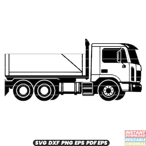 Puede incluir: Una silueta en blanco y negro de un camión de plataforma. El camión tiene un remolque de plataforma con un riel lateral y una cabina con un parabrisas y una puerta. El camión tiene cuatro ruedas.