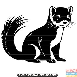 Puede incluir: Silueta en blanco y negro de una comadreja sentada con la cola enroscada detrás.