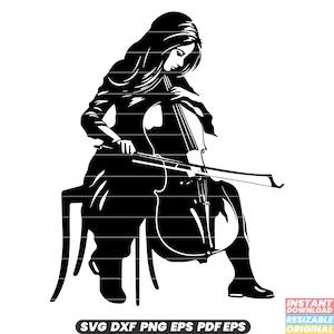 Girl Cello Music Instrument Strings Performer Musician Classical Talent Bow Concert Orchestra Performance Elegant SVG DXF PNG Cut File
