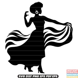 May include: Black silhouette of a woman in a flowing dress with a wavy pattern. She is wearing earrings and has her hair pulled back. The silhouette is against a white background.