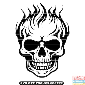 Brandende schedel vuur vlam Inferno hel demon horror dood griezelig griezelig eng Halloween skelet SVG DXF PNG-bestand knippen
