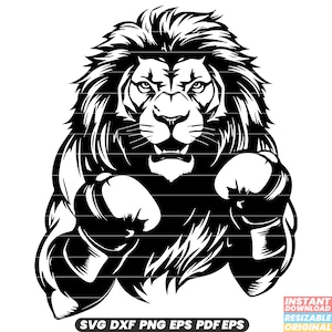 León con guantes de boxeo Animal Mascota Deportes Fitness Luchador Coraje Fuerza Guantes de boxeo Poder de golpe Fuerte SVG DXF PNG Archivo de corte