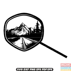 May include: Black and white illustration of a mountain landscape reflected in a rearview mirror. The mirror is round and has a long handle.