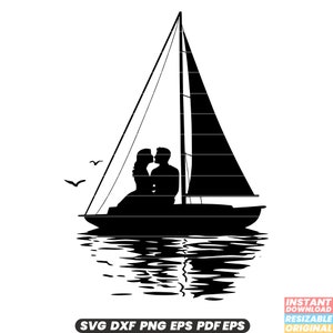 Puede incluir: Silueta negra de una pareja besándose en un velero con la vela arriba. El velero está en una masa de agua con ondas. Hay dos pájaros volando en el fondo.