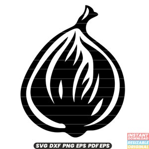 May include: Black and white silhouette of a fig. The fig is depicted in a simple, stylized design with a rounded shape and a stem at the top.