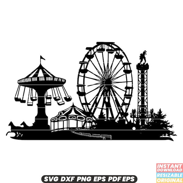 Amusement Park Fun Fair Carnival Ride Roller Coaster Ferris Wheel Carousel Entertainment Thrill Adventure Excitement SVG DXF PNG Cut File