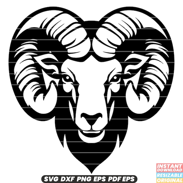 Ram Sheep Animal Farm Horns Mascot Symbol Strength Aries Zodiac Sign SVG DXF PNG Cut File Digital Instant Download