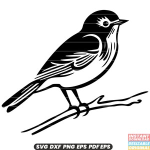 May include: Black and white silhouette of a bird perched on a branch. The bird has a rounded body and a long, pointed beak. The branch is thin and curved.