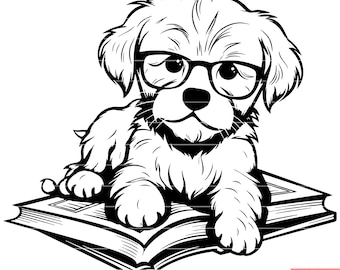 Puppy and Book Reading Companionship Pet Dog Puppy Canine Relaxation Leisure Time Animal Lover SVG DXF PNG Cut File