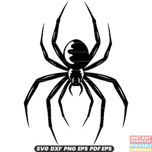 May include: Black and white silhouette of a spider with eight legs. The spider is facing forward with its legs spread out.
