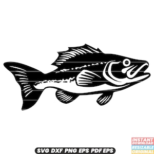 May include: Black and white silhouette of a fish with a detailed design. The fish is facing right and has a large mouth.