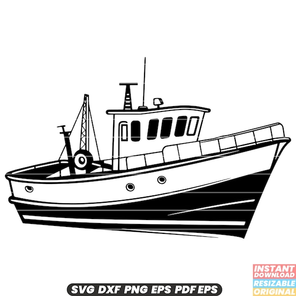 Trawler Fishing Boat Vessel Commercial Fishery Industry Sea Ocean SVG DXF PNG Cut File Digital Instant Download