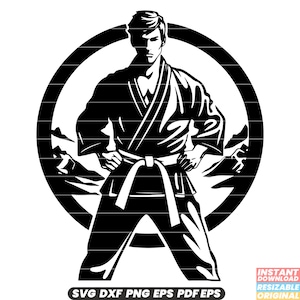 May include: Black and white silhouette of a karate practitioner in a gi, standing in a fighting stance with a white belt. The figure is centered in a circle with a mountain range in the background.