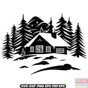 Ski Lodge SVG Winter Resort illustratie Ski Lodge clipart berghut afbeelding besneeuwde retraite ontwerp alpine chalet kunst DXF PNG-bestand knippen