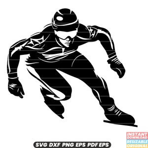 Pode incluir: Silhueta preta e branca de um patinador de velocidade em ação, com capacete e luvas, patinando no gelo.