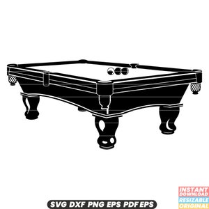 May include: Black and white silhouette of a pool table with three billiard balls on the felt.