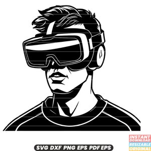 Könnte beinhalten: Schwarz-weiße Grafik einer Person mit VR-Brille. Das Bild ist ein Vektordesign, mit dem Text "SVG DXF PNG EPS PDF EPS" unten. Das Design ist ein digitaler Download.