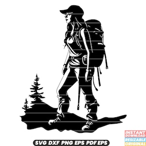 May include: Black and white silhouette of a person hiking with a backpack and a walking stick. The person is wearing a hat and has long hair. The person is standing on a hill with trees in the background.