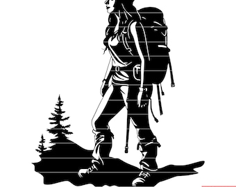 Female Hiker Hiking Adventure Trekking Outdoor Nature Exploration Backpacking Wilderness Trail Woman Active Lifestyle SVG DXF PNG Cut File