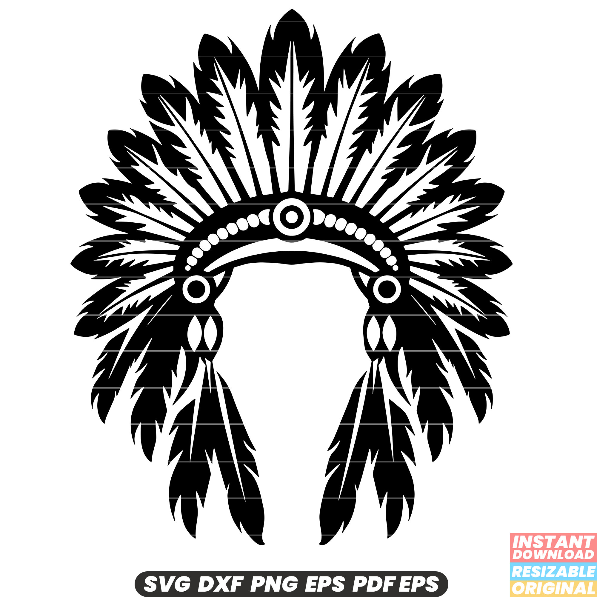 Indian War Bonnet Native American Headdress Feather Tribal Chief Warrior Regalia Traditional Culture Ceremony Symbol SVG DXF PNG Cut File