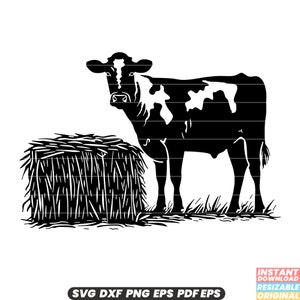 Hay Bale and Cow SVG - Farm Scene, Agriculture Illustration, Cattle Grazing Graphic, Rural Landscape DXF PNG Cut File