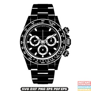 Peut inclure: Silhouette noire et blanche d'une montre-bracelet chronographe avec un cadran noir et des marquages blancs. La montre a un bracelet en acier inoxydable et une lunette noire avec des marquages blancs. Le cadran de la montre comporte trois sous-cadrans et le texte "SUT BNER GHER" est imprimé sur la lunette.