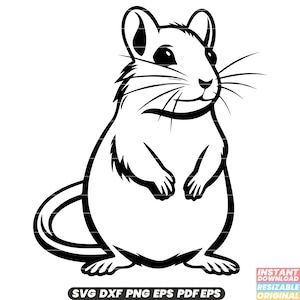 May include: Black and white illustration of a gerbil. The gerbil is depicted in a side profile, with detailed whiskers and a curved tail. The image includes the text "SVG DXF PNG EPS PDF EPS".