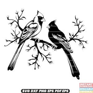 Dos pájaros cardenal en una rama Flor Vida silvestre Animal Naturaleza Aves Pareja de plumas Pájaro rojo Cantando Posado Árbol SVG DXF PNG Archivo de corte