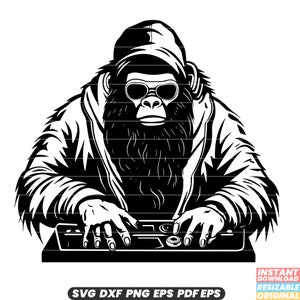 Bigfoot Disk Jockey Wilderness Creature Sasquatch Beast Dj Muziek Mixer Draaitafel Vinyl Record Spinning Party Dance Club SVG DXF PNG-bestand knippen