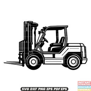May include: A black and white silhouette of a forklift. The forklift is viewed from the side and has a raised fork.