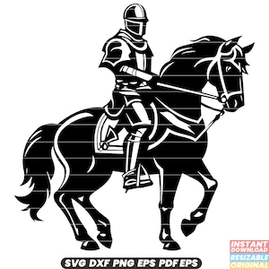 以下が含まれることがあります： 騎士が馬に乗っている白黒のシルエット。騎士は鎧を着て槍を持っている。馬は後ろ足で立ち上がっている。