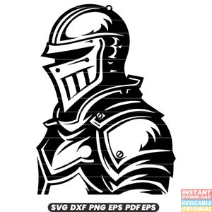 May include: Black and white illustration of a knight wearing armor and a helmet. The knight is facing to the right. The image is a vector graphic and can be used for a variety of purposes, such as creating logos, t-shirts, or other designs.