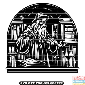 May include: Black and white illustration of a wizard with a long beard and a pointed hat standing in front of a bookshelf filled with books. The wizard is holding a book in his left hand and pointing with his right hand.